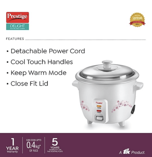 Prestige Delight PRWO 1.0 L Electric Rice Cooker|Detachable power cord|Durable body|Cool touch handles|White|1 year warranty on product & 5 years warranty on heating plate - Image 3